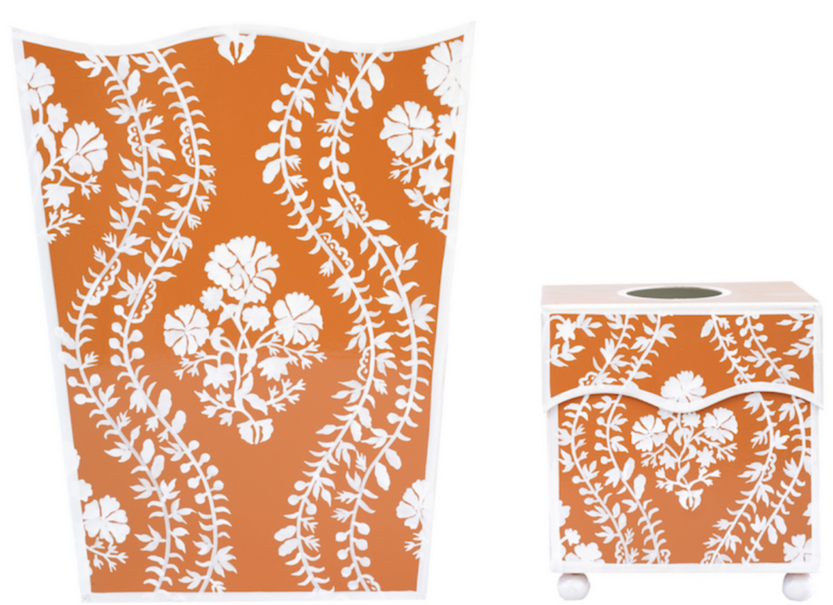 Burnt Orange Floral Trellis Wastepaper Basket & Tissue (2 Options)