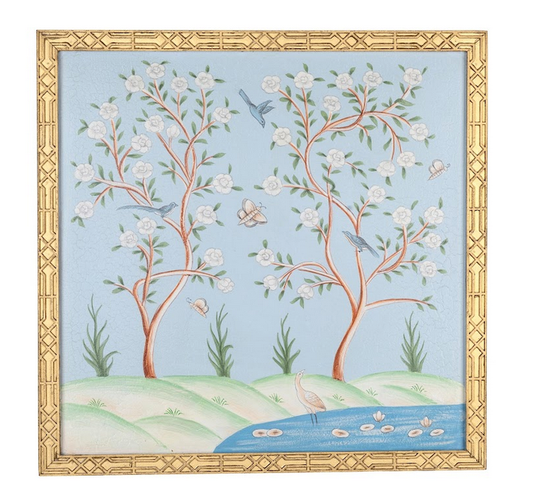 Pale Blue and Multi Color CHINOISERIE MURAL WITH GOLD FRETWORK FRAME