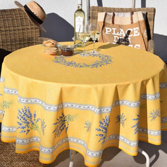 French Provencal tablecloth - Acrylic coated cotton, Spill-proof - 70" Round - Valensole yellow | Label France