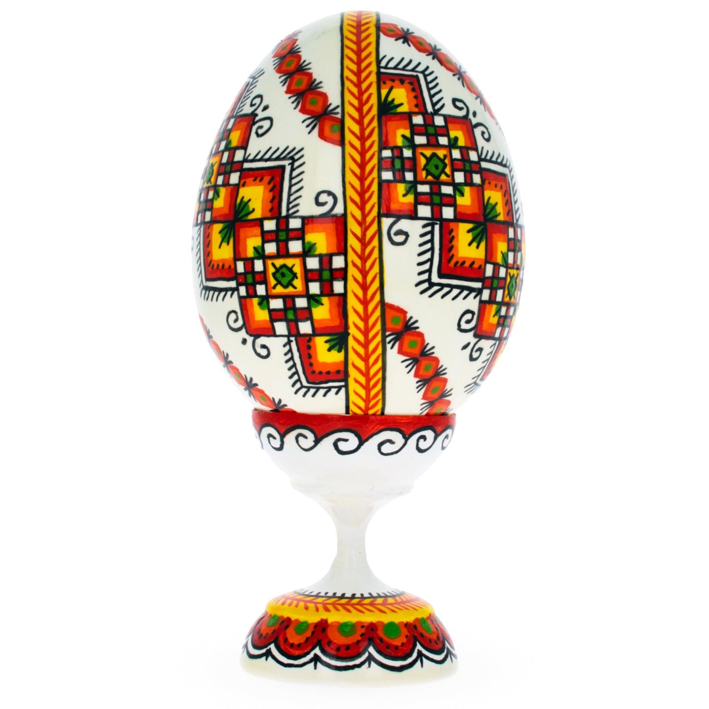 Embroidered Stripe Ukrainian Wooden Easter Egg Pysanka on a Stand 3.75 Inches