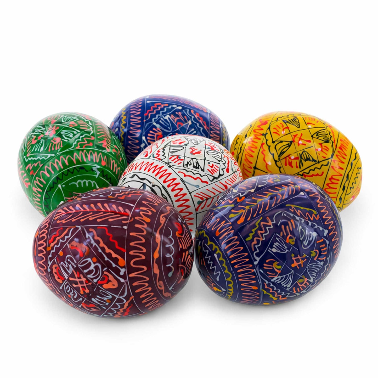 6 Hand Painted Geometric Ukrainian Wooden Easter Eggs Pysanky