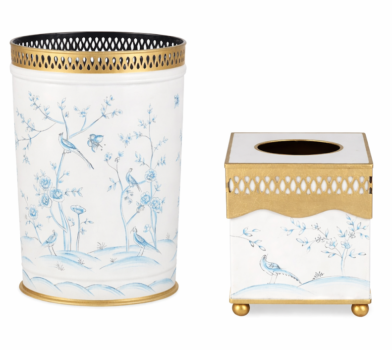 Ivory & Blue Pierced Wastepaper Basket & Tissue Holder (2 Options)