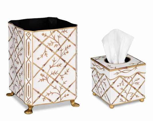 Ivory Bamboo & Floral Tissue Holder & Wastepaper Basket (2 Options)