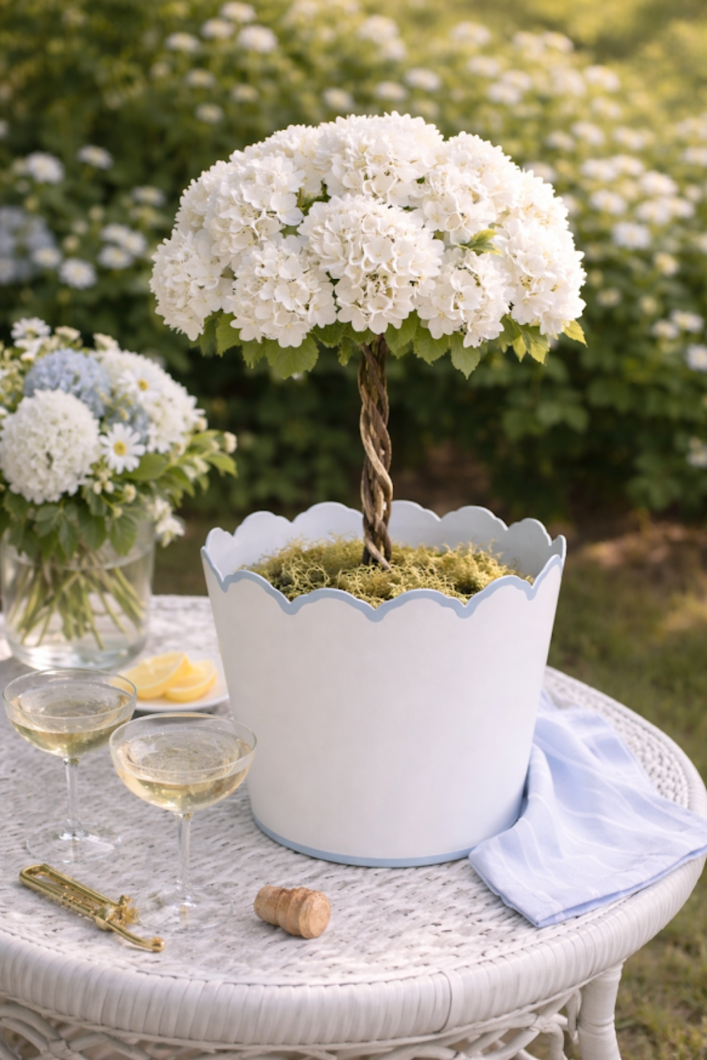 White & Pale Blue Scalloped Bucket Wastepaper Basket & Planters (3 Options)