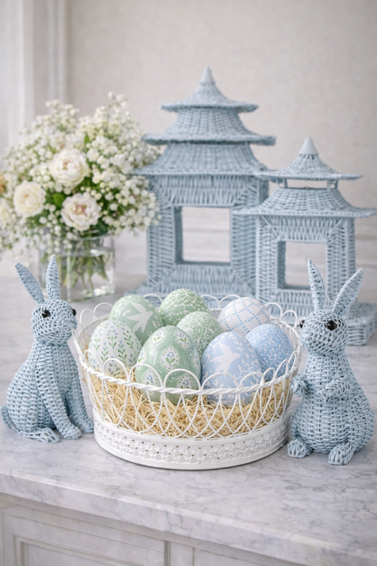 a basket of eggs and rabbits