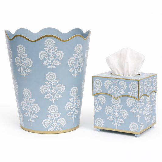 a blue and white tissue box and a blue container