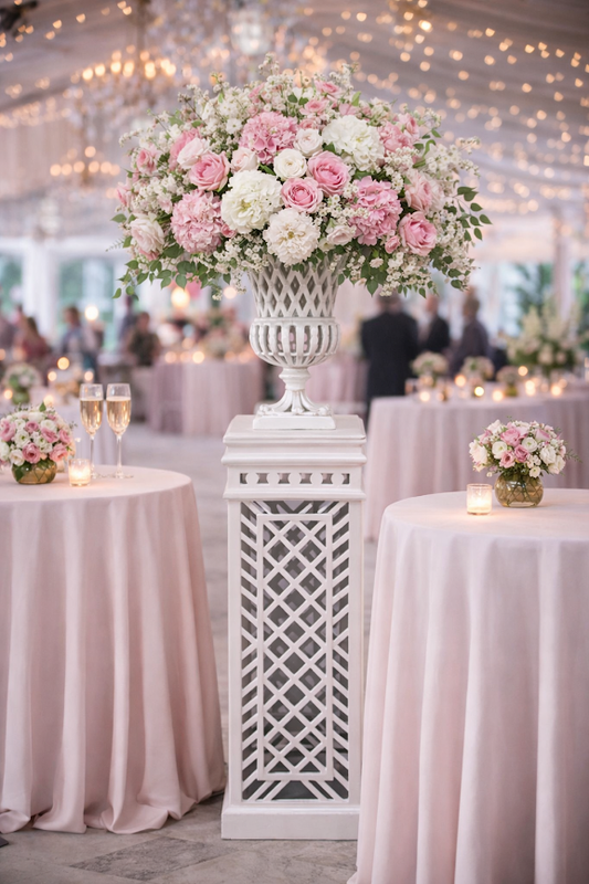 a vase of flowers on a pedestal