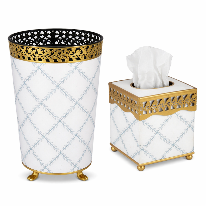 Ivory & Blue Pierced Gold Leaf Wastepaper Basket & Tissue (2 Options)