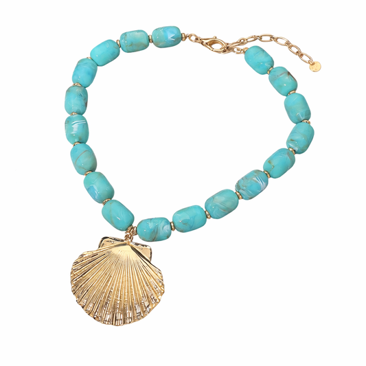 Turquoise Beaded Necklace with Gold Shell Pendant