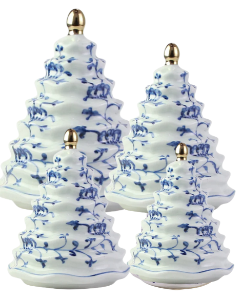 a group of white and blue christmas trees