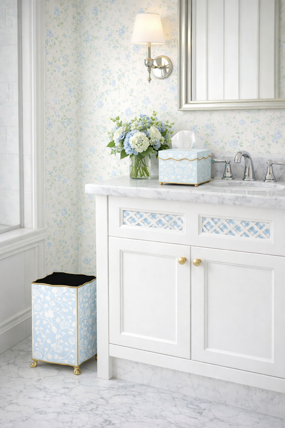 Pale Blue Spring Floral Wastepaper Basket & Tissue (2 Options)