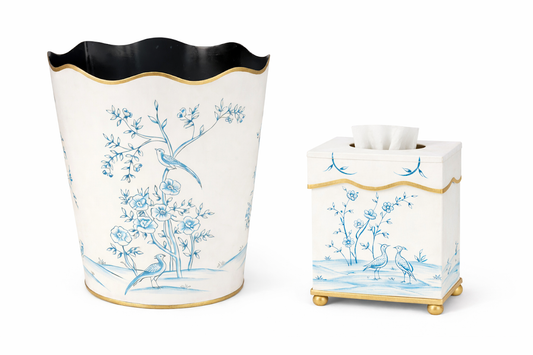 Ivory & Blue w/Gold Trim Scalloped Wastepaper Basket & Tissue (2 Options)