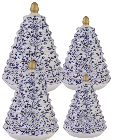 a group of blue and white ceramic christmas trees