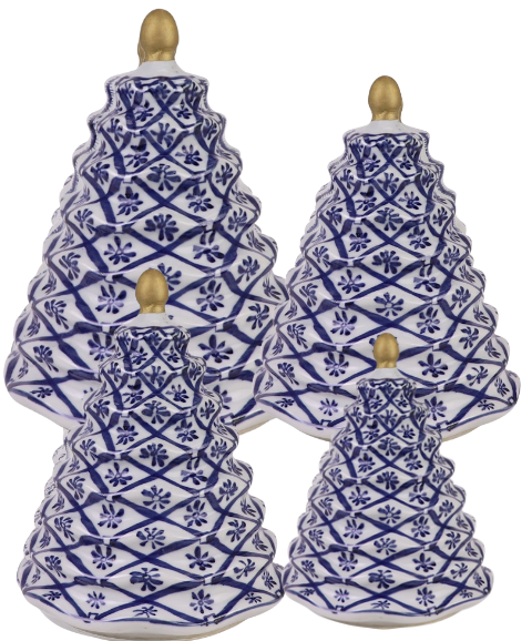 a group of blue and white christmas trees
