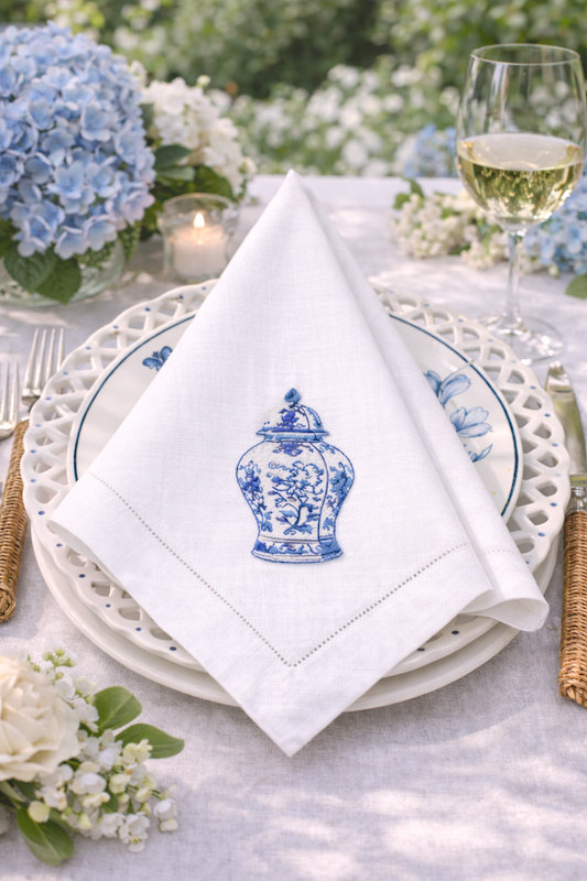 SET OF 4 GINGER JAR EMBROIDERED DINNER NAPKINS