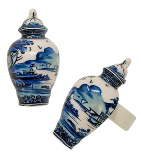 a pair of blue and white vases