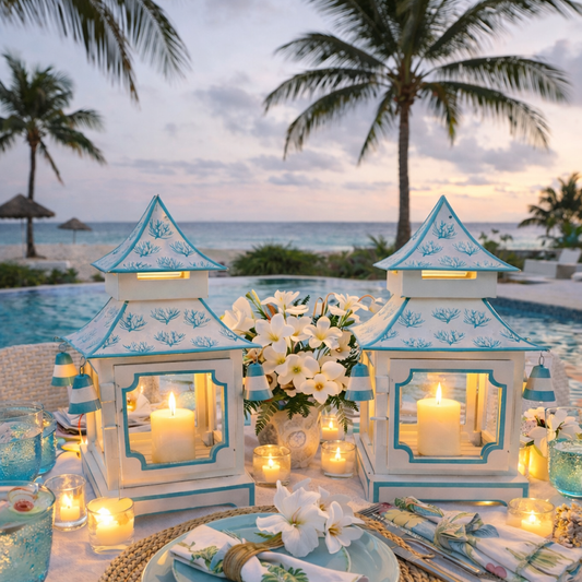 a table set with lanterns and flowers on it