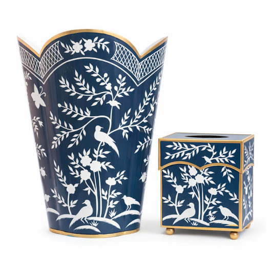 a blue and gold vase and box