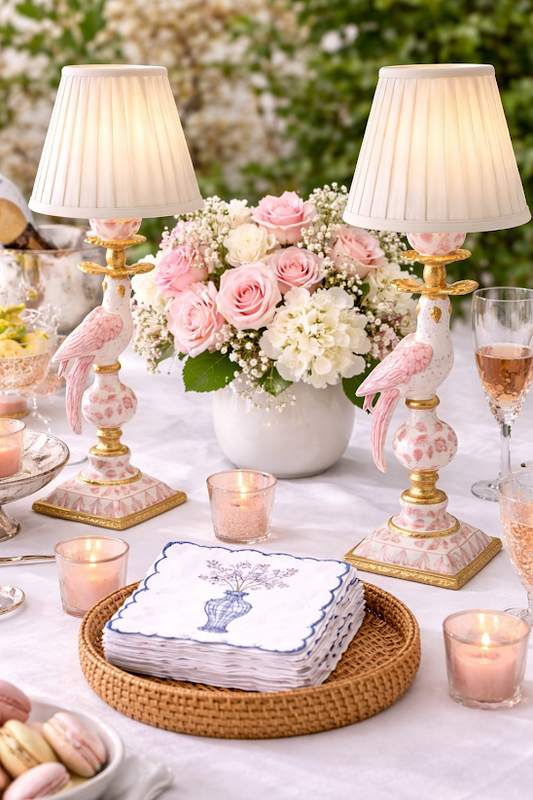 a table with pink and white candles and flowers