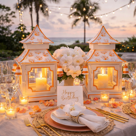 a table set with lanterns and flowers