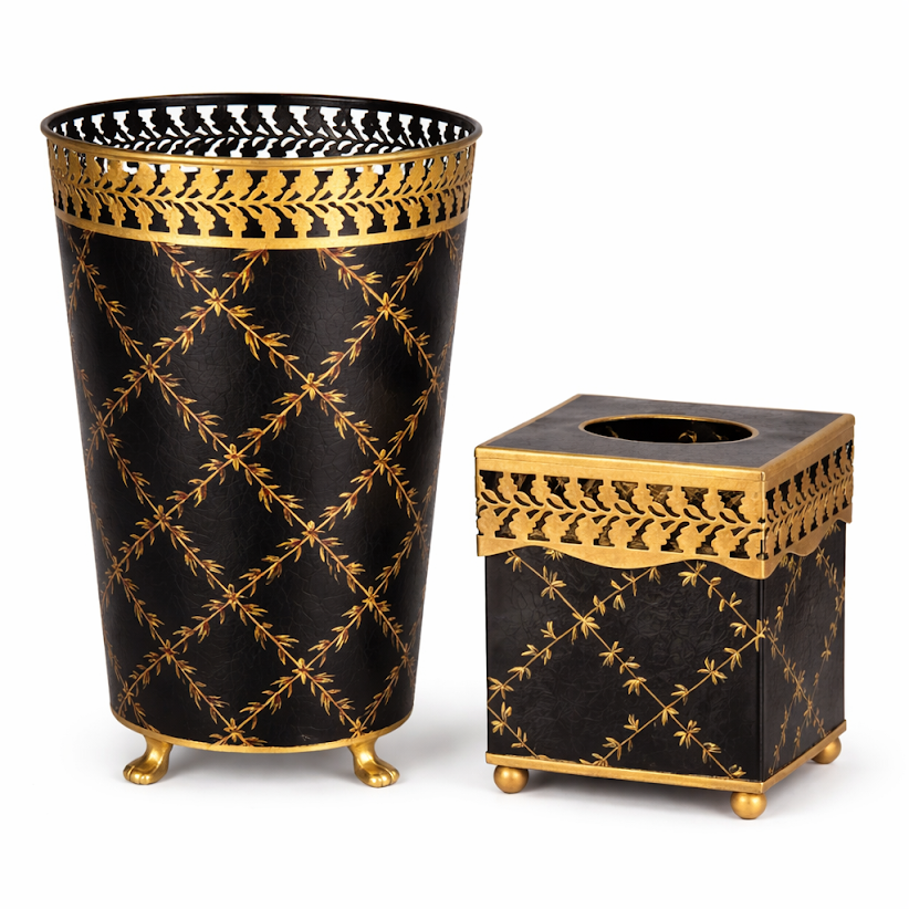 Black Pierced Gold Leaf Wastepaper Basket & Tissue (2 Options)