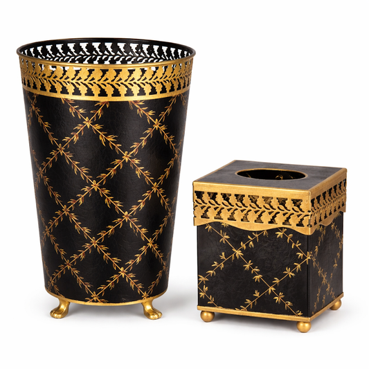 a black and gold trash can and a square box