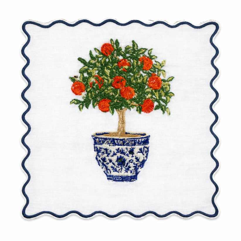 Set of 4 Orange Topiary Embroidered Cocktail Napkins