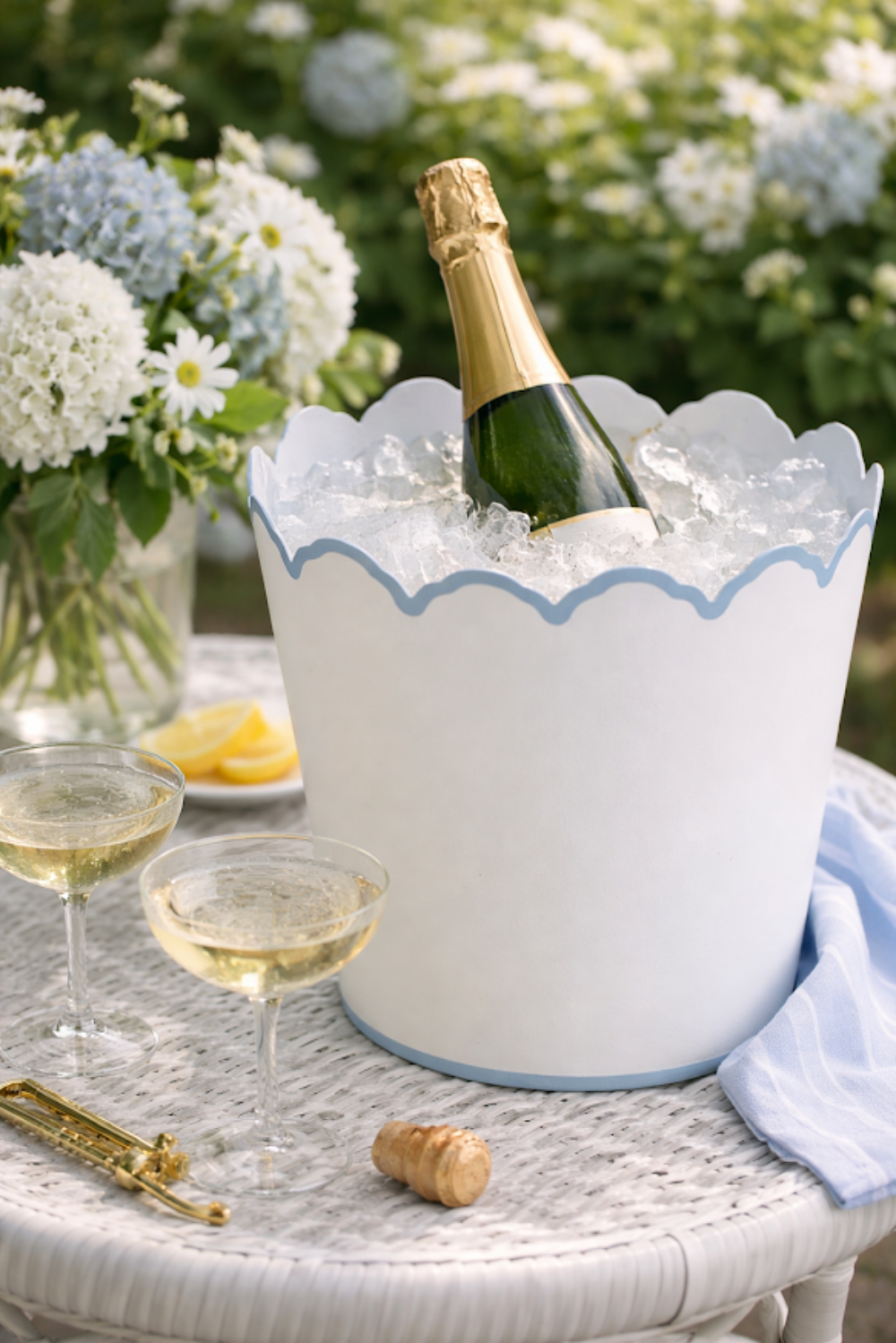 White & Pale Blue Scalloped Bucket Wastepaper Basket & Planters (3 Options)