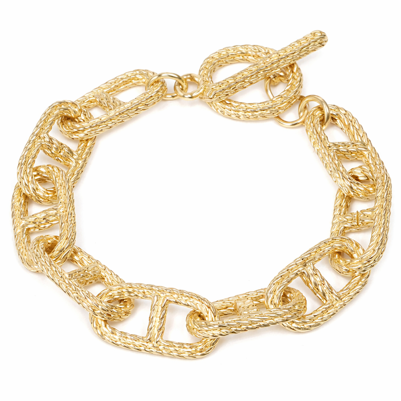 Chunky 14KT Gold Plated Textured Link Toggle Bracelet