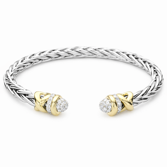 Two-Tone 14KT Gold Plated CZ Slip-On Cuff Bracelet