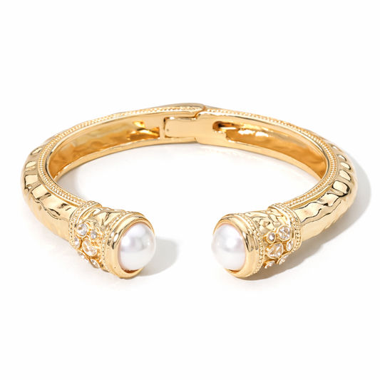 Pearl-Tipped CZ Hinged Cuff Bracelet – Gold Plated