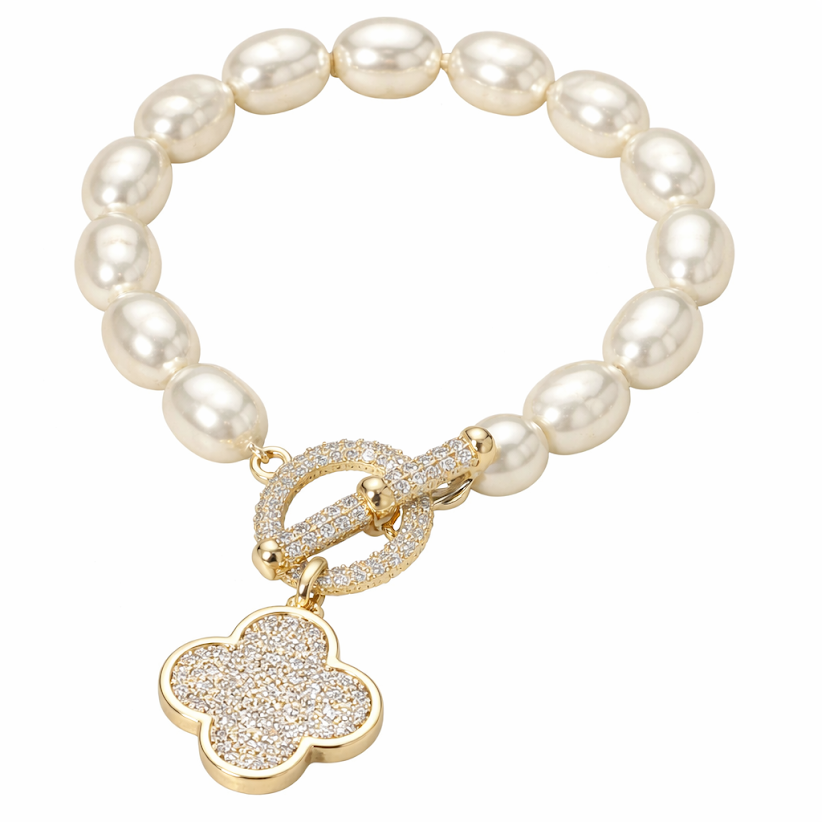 Pearl & CZ Quatrefoil Charm Bracelet – 14K Gold Plated
