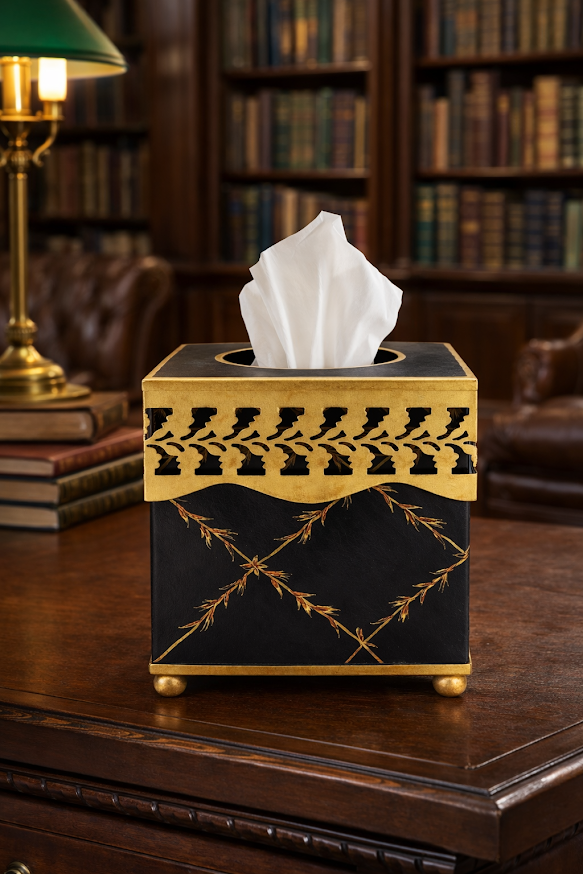 Black Pierced Gold Leaf Wastepaper Basket & Tissue (2 Options)