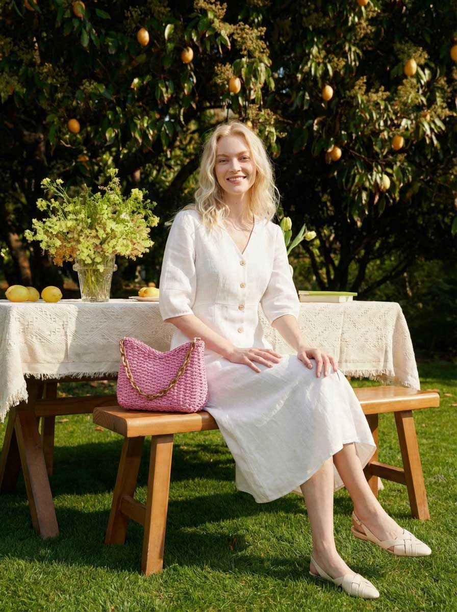 a woman sitting on a bench