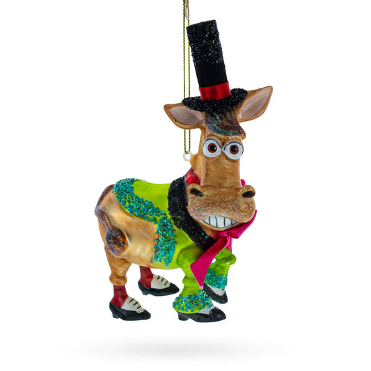 Donkey in Whimsical Costume Glass Christmas Ornament