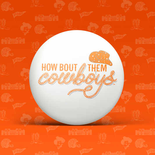 a white ball with orange text on it