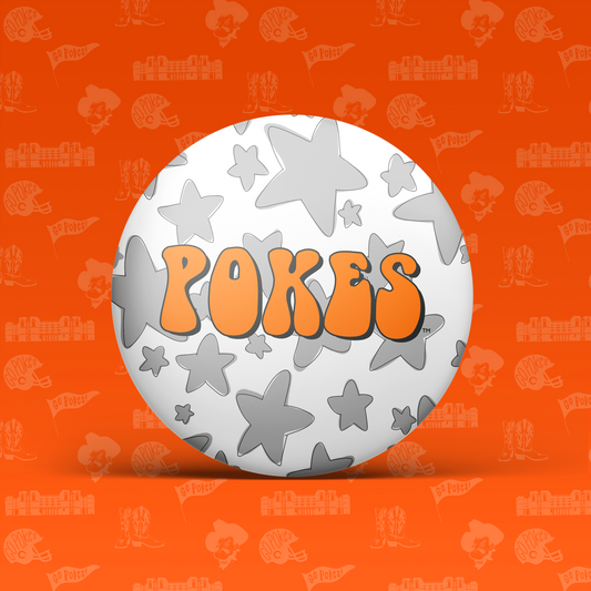 a white ball with orange text and stars on it