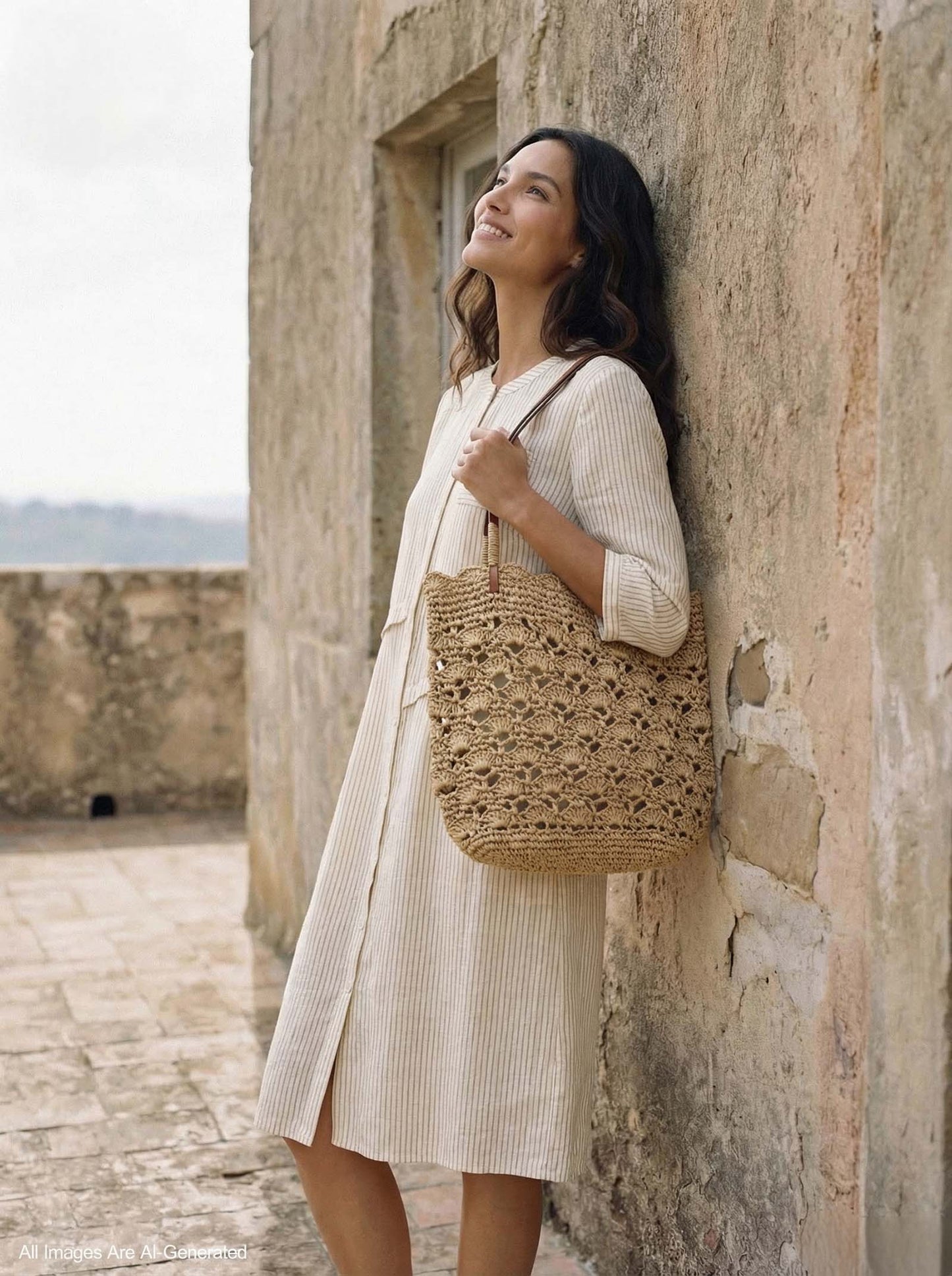 Crochet Woven Fan-Shape Shoulder Tote Bag