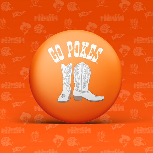 a round orange ball with white text and boots on it
