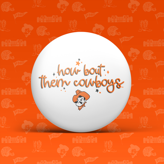 a white ball with orange text on it