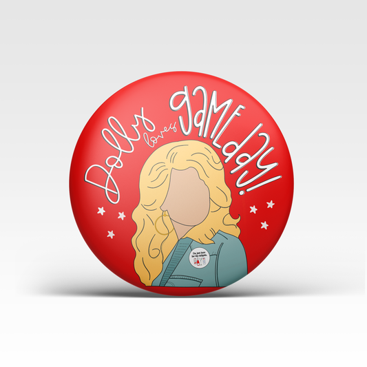 a red button with a drawing of a woman