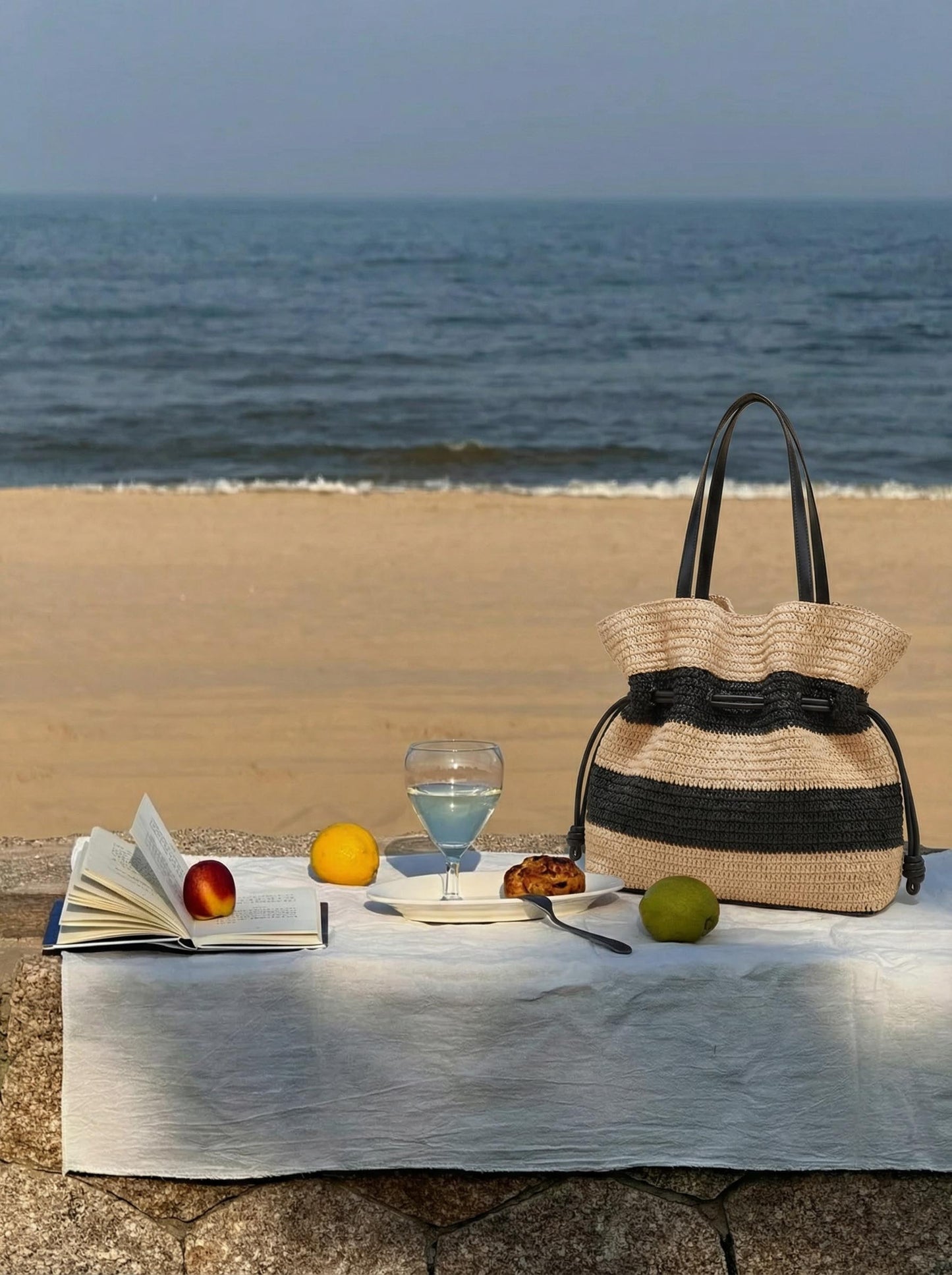 Crochet Woven Drawstring Shoulder Tote Bag