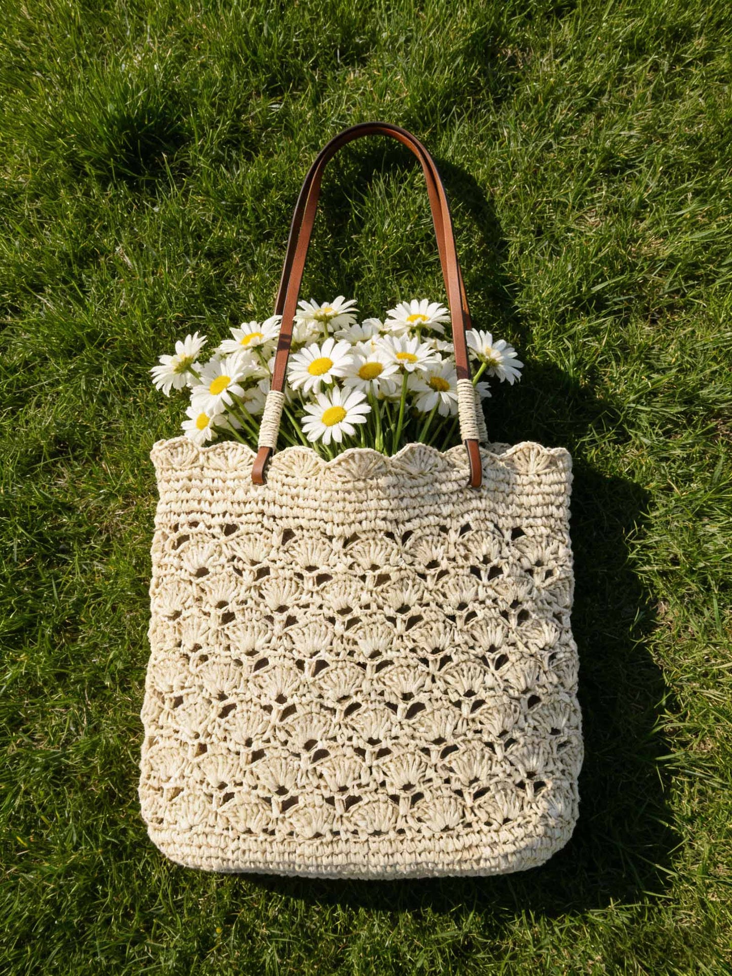 Crochet Woven Fan-Shape Shoulder Tote Bag
