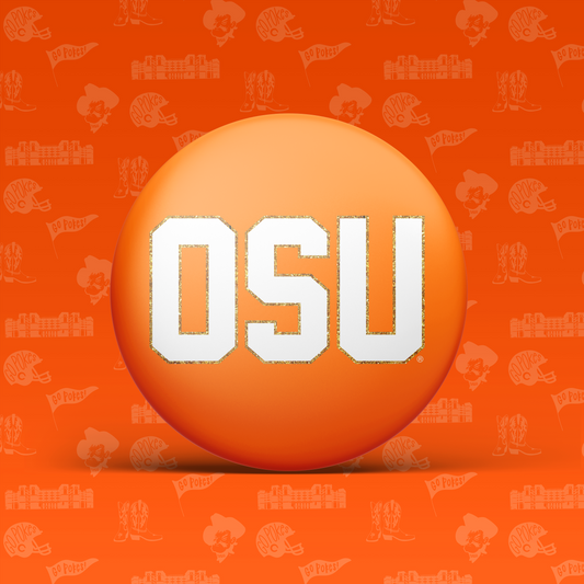a orange ball with white text on it