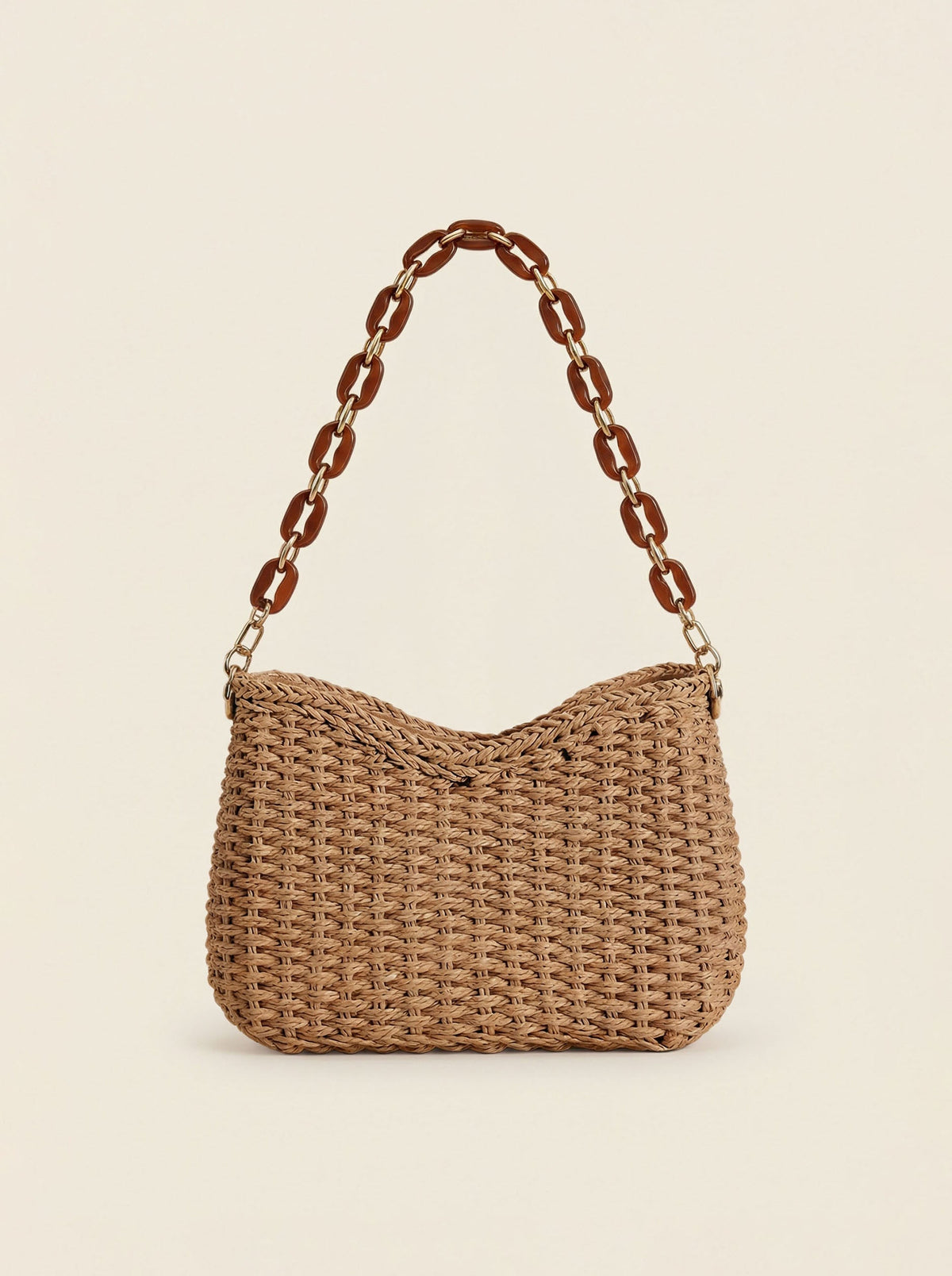 a brown woven bag with a chain