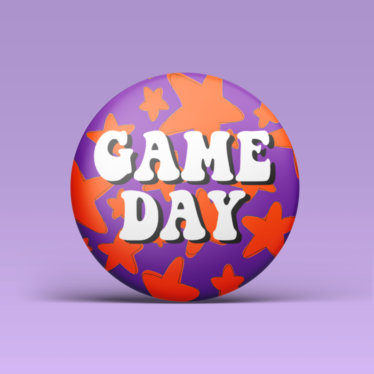 a purple circle with orange stars and white text