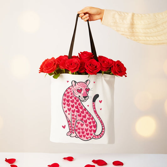 Pink Leopard Valentine Canvas Tote Bag, Cute Hearts Reusable Urban Bag