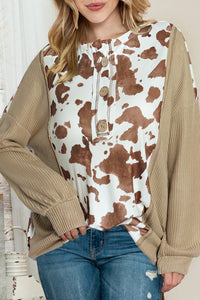 Apricot Animal Print Knitted Sleeve Patchwork Henley Top