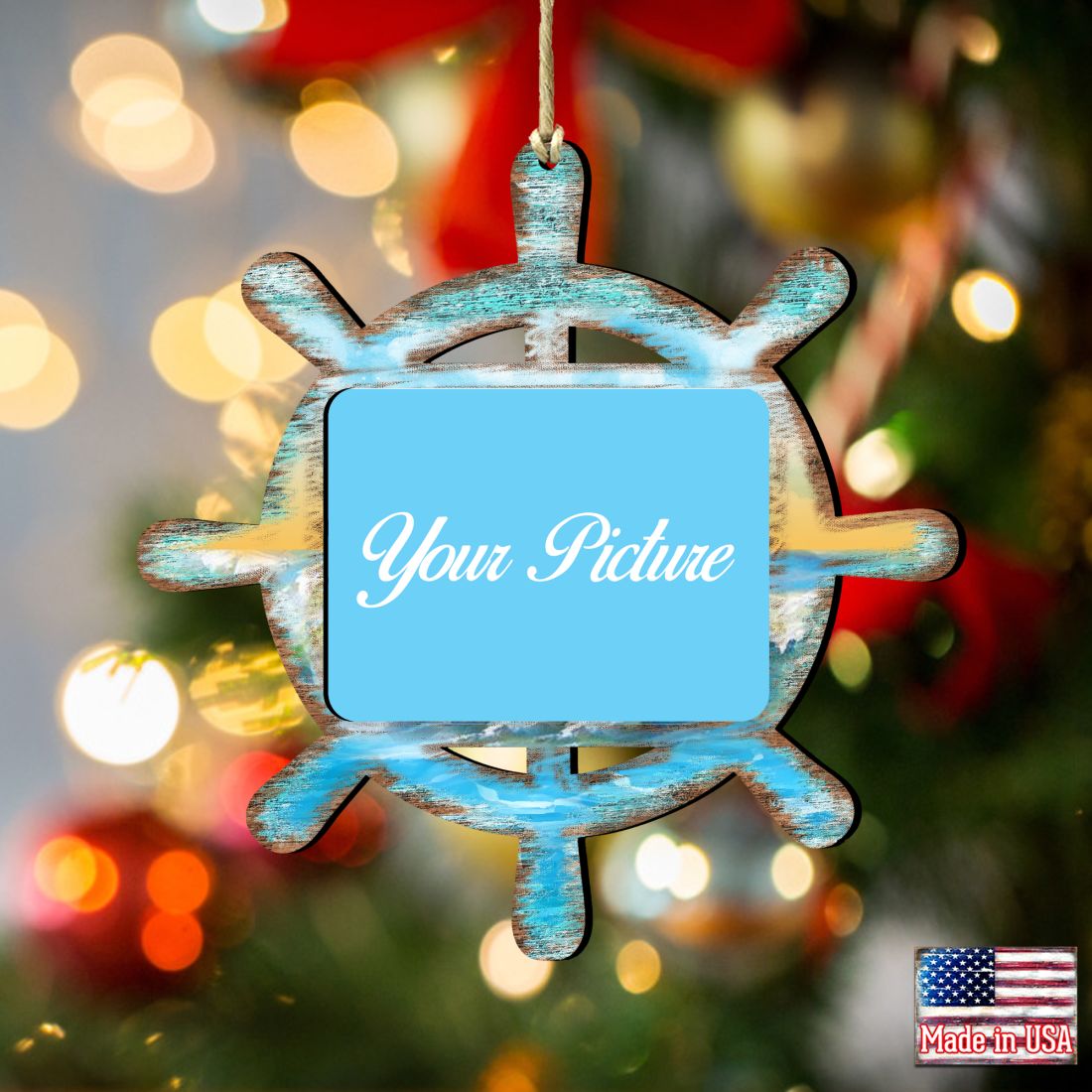 Captains Wheel Coastal Picture Frame Ornaments - Ornament for Photo - Coastal Holiday Decor - 8198536PF