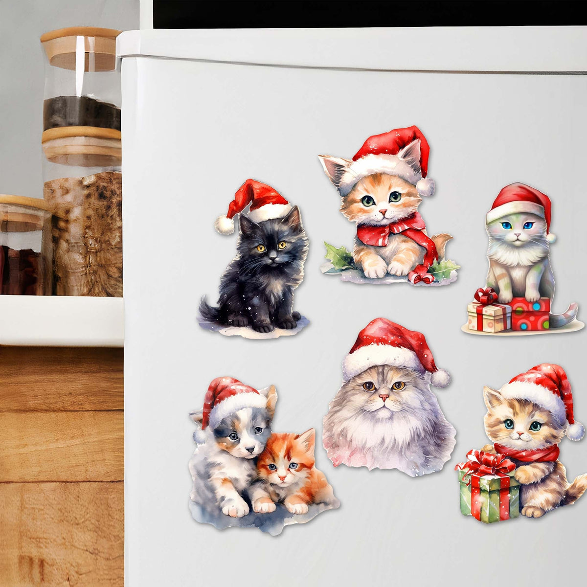 Christmas Cats Decorative Eco Wood Magnets Set of 6 by G. Debrekht - Pets Dog and Cat Decor - 8090016G-S6